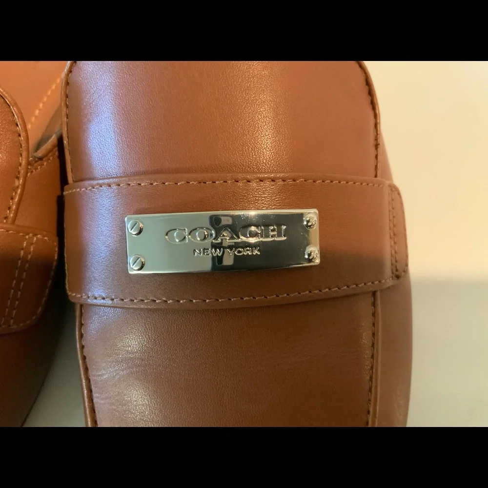 Coach Brown Leather Backless Loafers with Silver Plaque - Picture 3 of 7